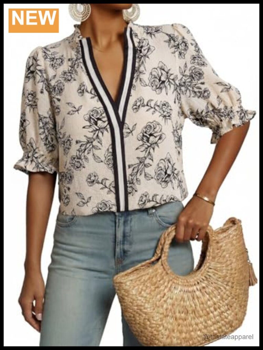 Womens Boho Floral Ruffle Puff Short Sleeve V Neck Blouse Top